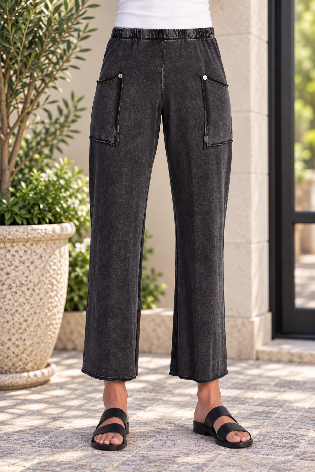 Jess & Jane Mineral Washed Cotton Spandex Terry Pants-Black