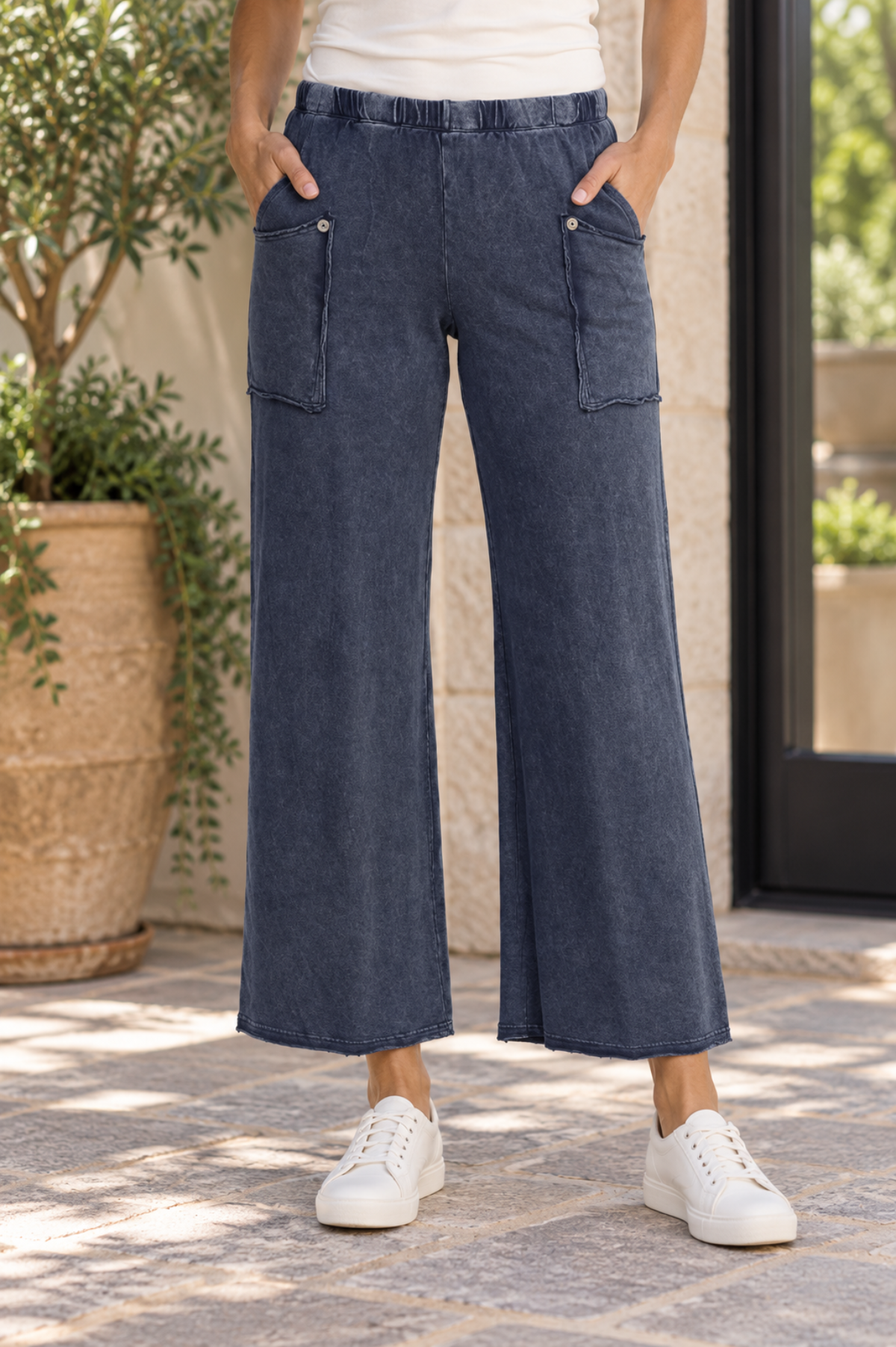 Jess & Jane Mineral Washed Cotton Spandex Terry Pants-Denim