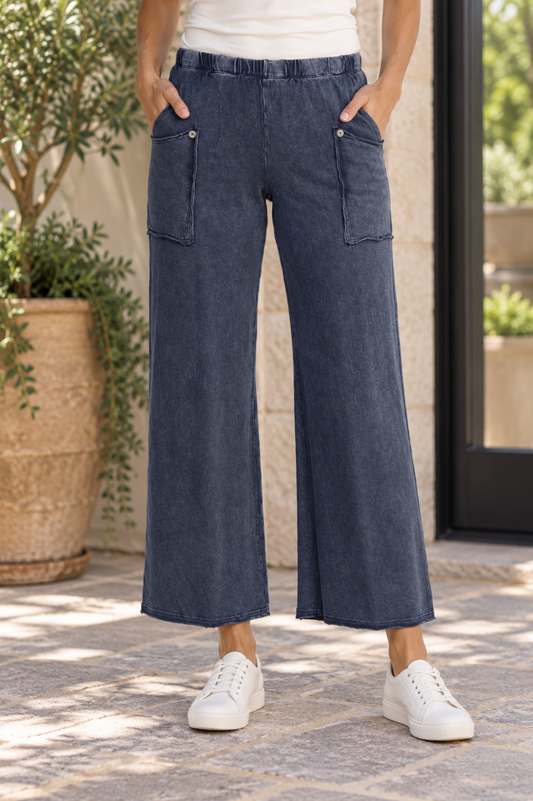 Jess & Jane Mineral Washed Cotton Spandex Terry Pants-Denim
