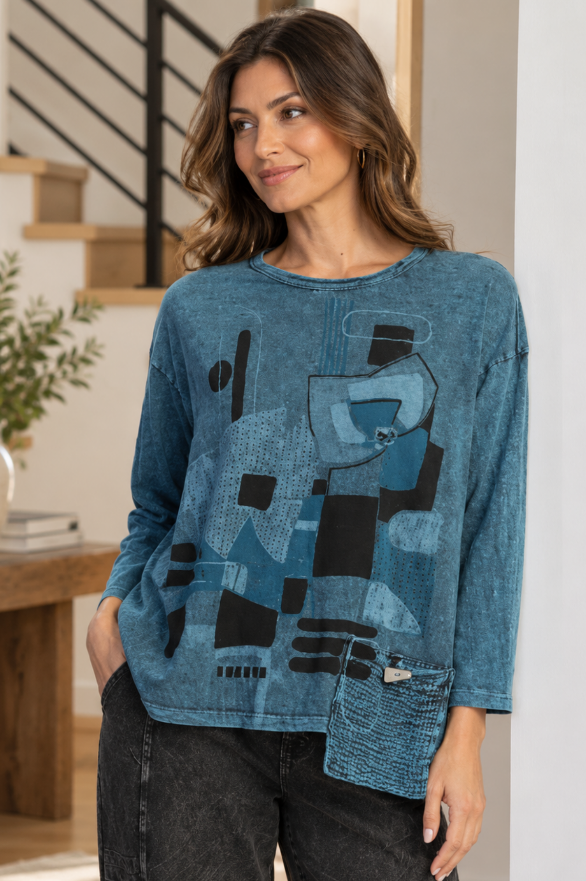 Jess & Jane Mineral Washed Cotton Tunic Top with Gauze Pocket-Pippa Aqua