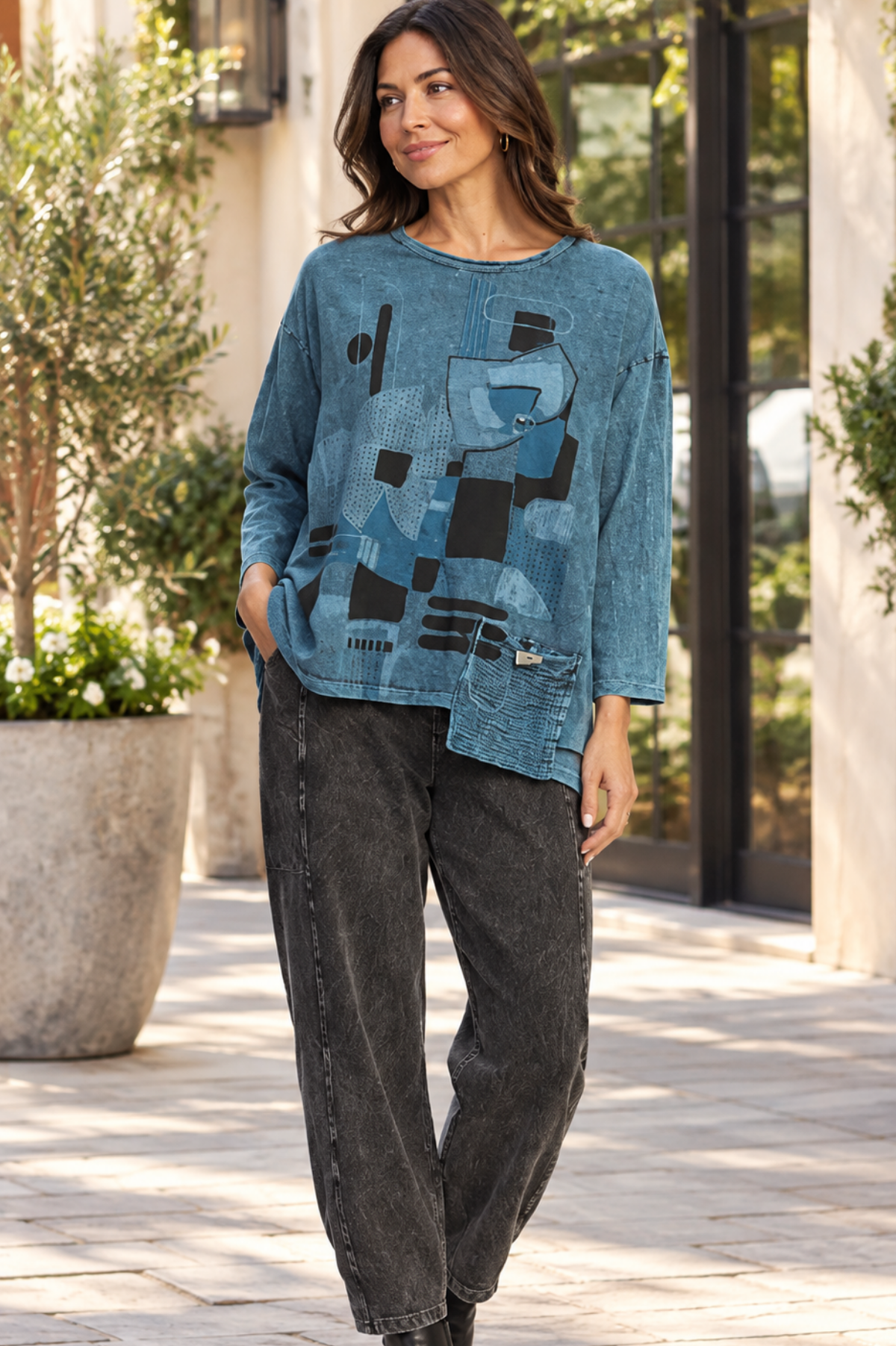 Jess & Jane Mineral Washed Cotton Tunic Top with Gauze Pocket-Pippa Aqua