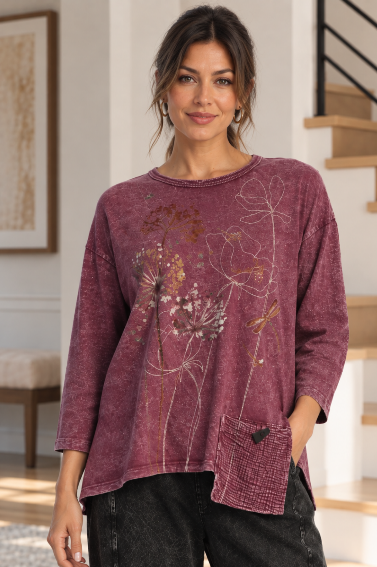 Jess & Jane Mineral Washed Cotton Tunic Top with Gauze Pocket-Vignette Plum