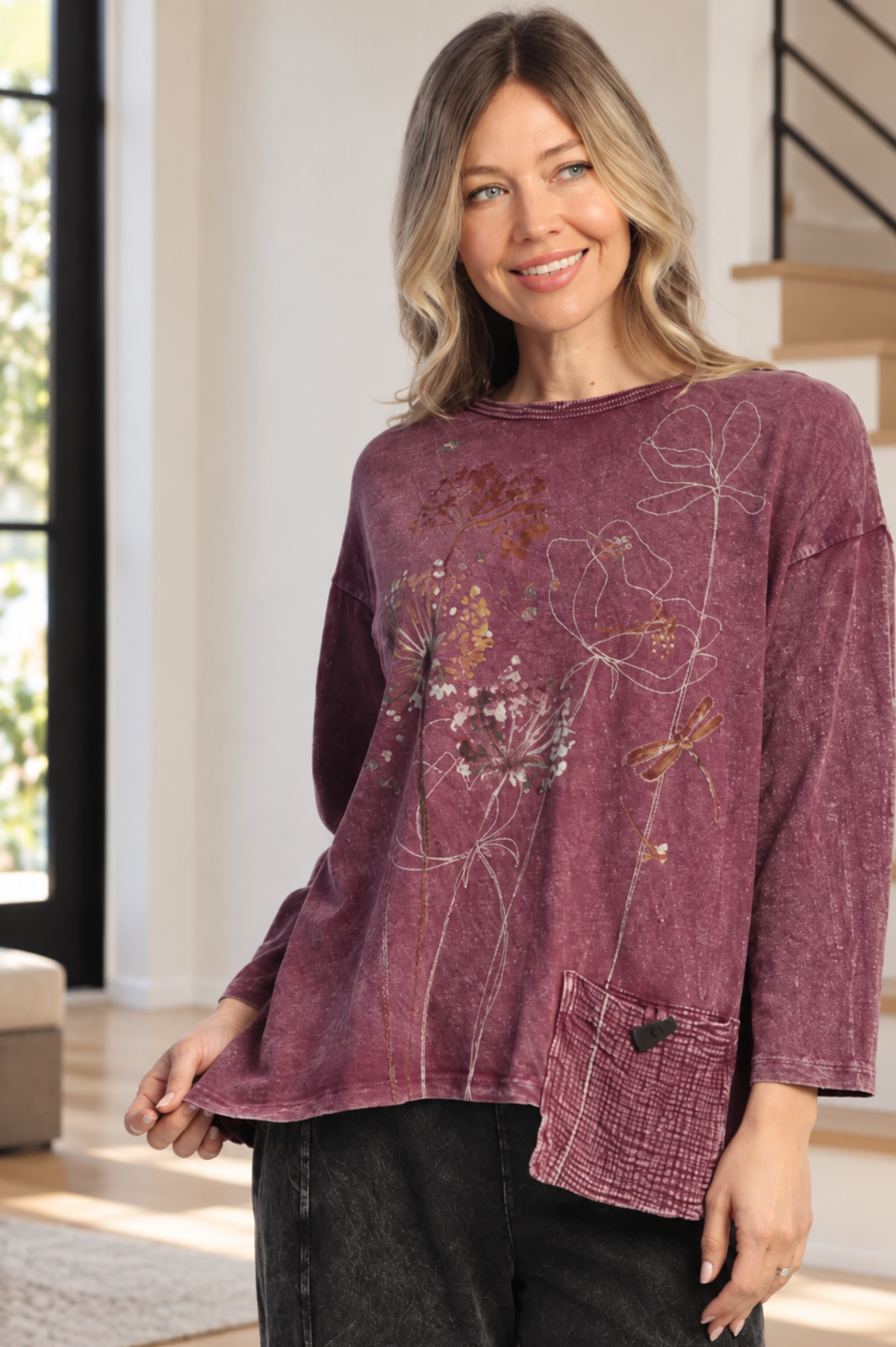 Jess & Jane Mineral Washed Cotton Tunic Top with Gauze Pocket-Vignette Plum tunic