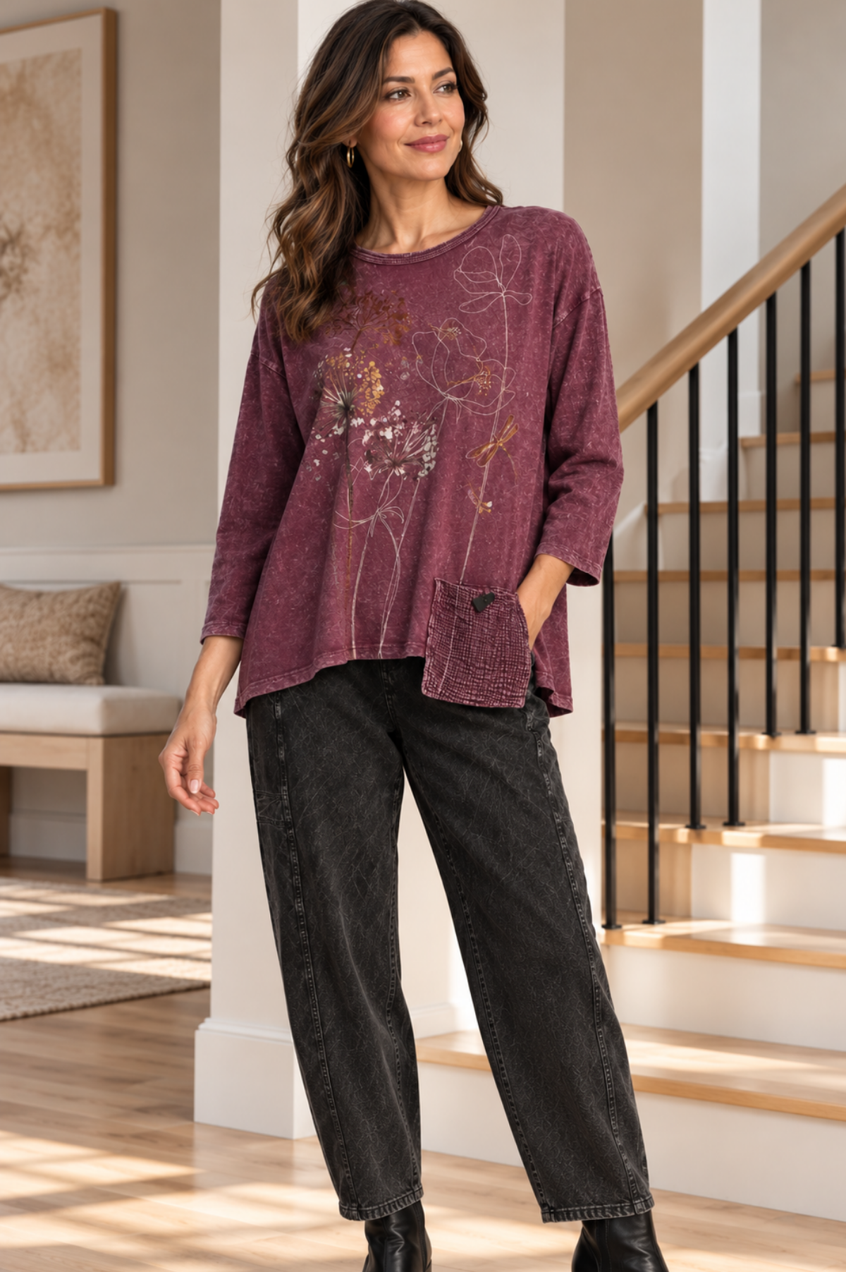 Jess & Jane Mineral Washed Cotton Tunic Top with Gauze Pocket-Vignette Plum tunic top