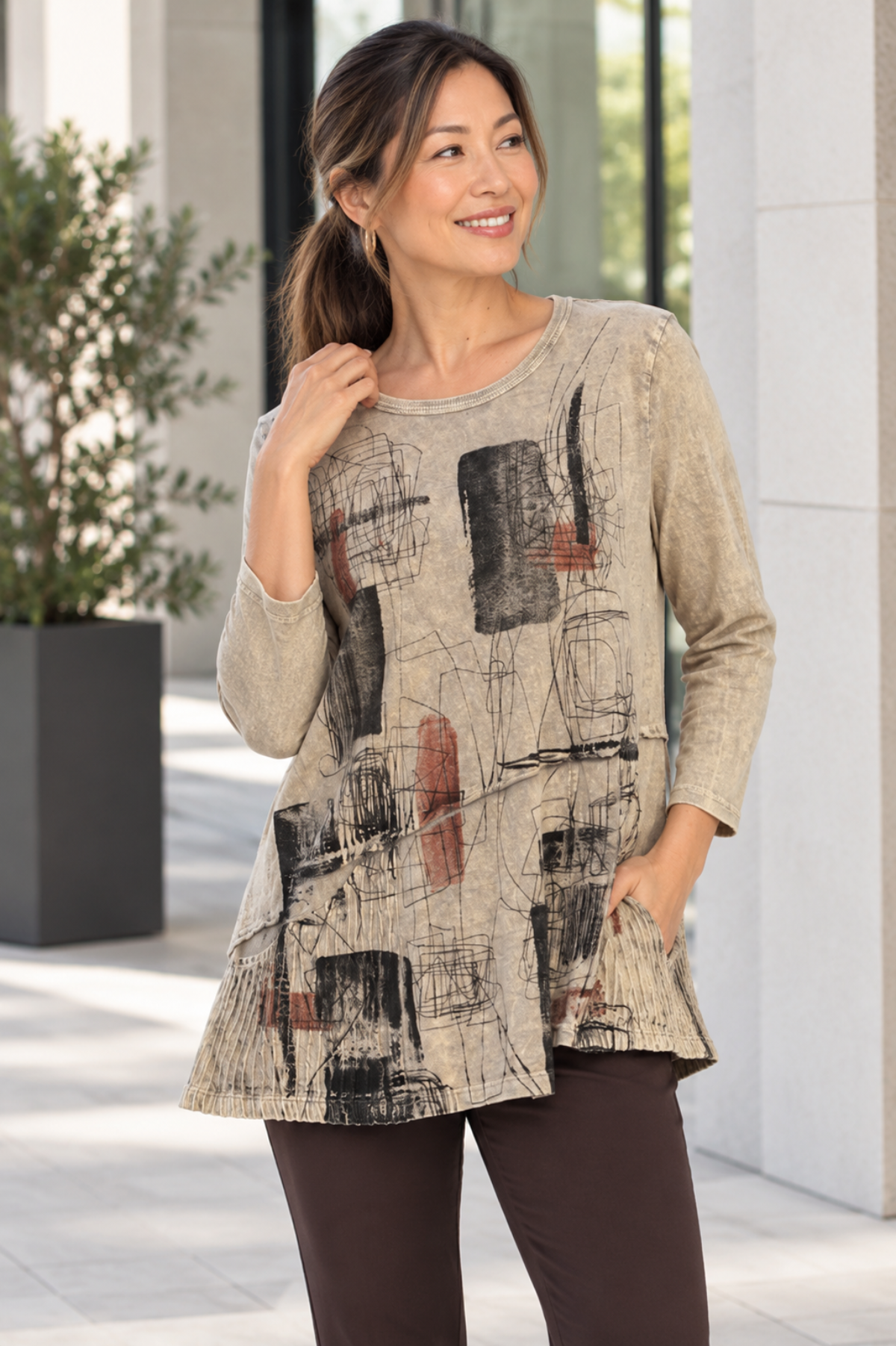 Jess & Jane Mineral Washed Cotton Tunic Wavy Patch Pockets-Scribbles