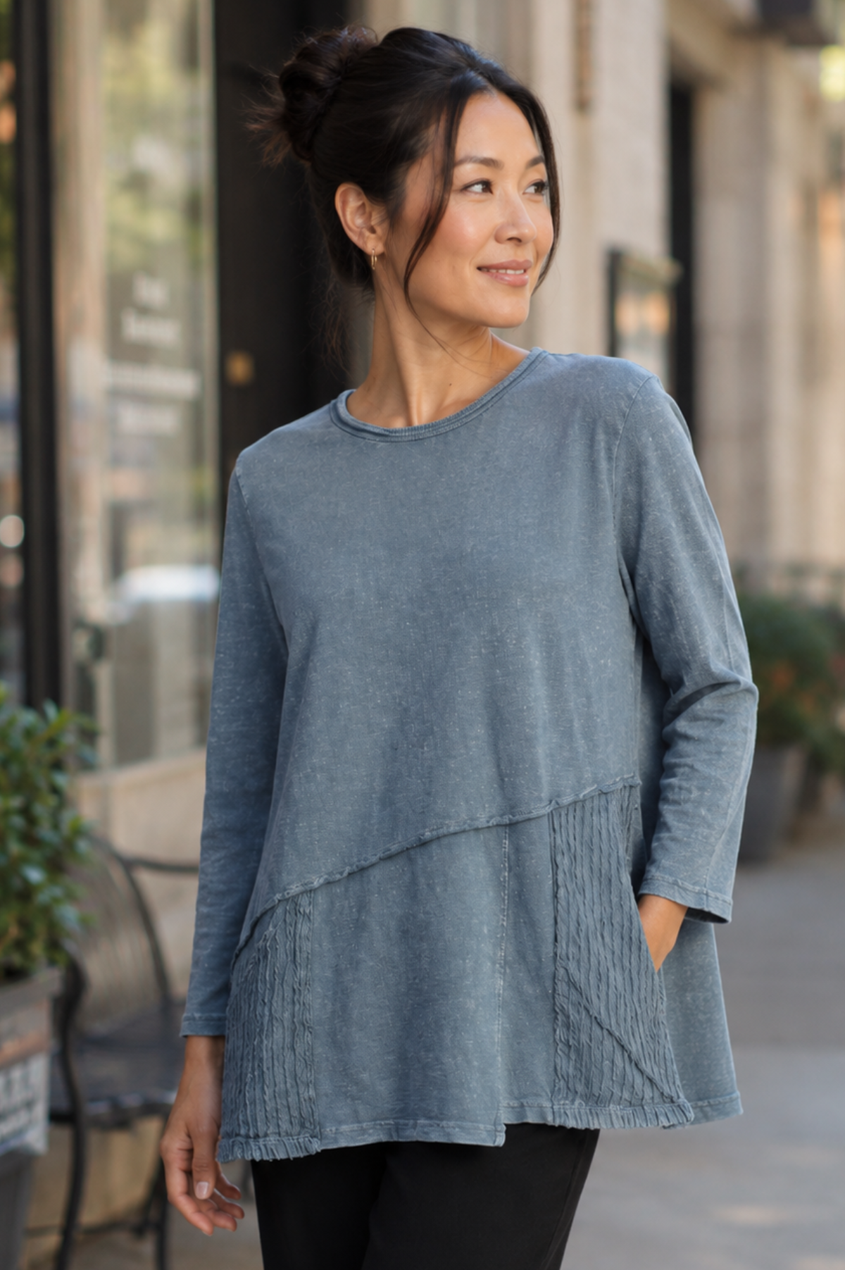 Jess & Jane Mineral Washed Cotton Tunic Wavy Patch Pockets-Vintage Denim