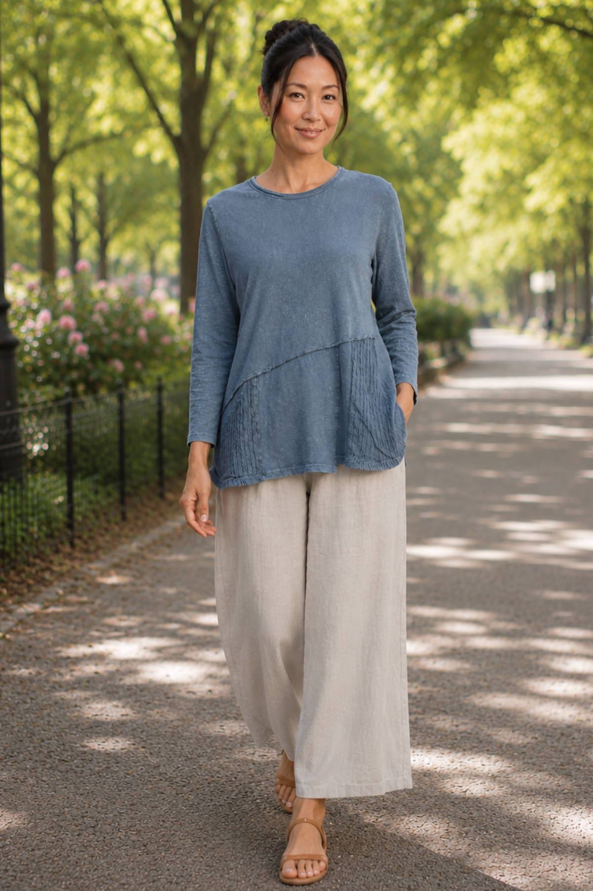 Jess & Jane Mineral Washed Cotton Tunic Wavy Patch Pockets-Vintage Denim