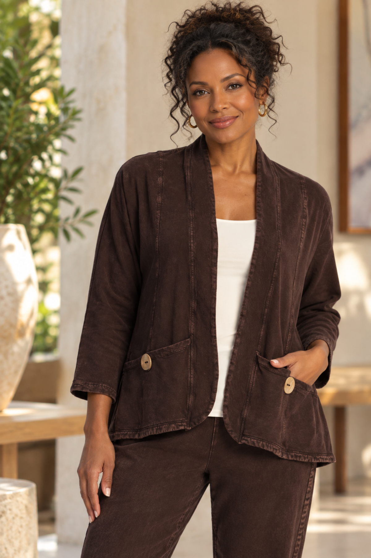 Jess & Jane Mineral Washed/Garment Dyed Cotton Fleece Jacket-Expresso