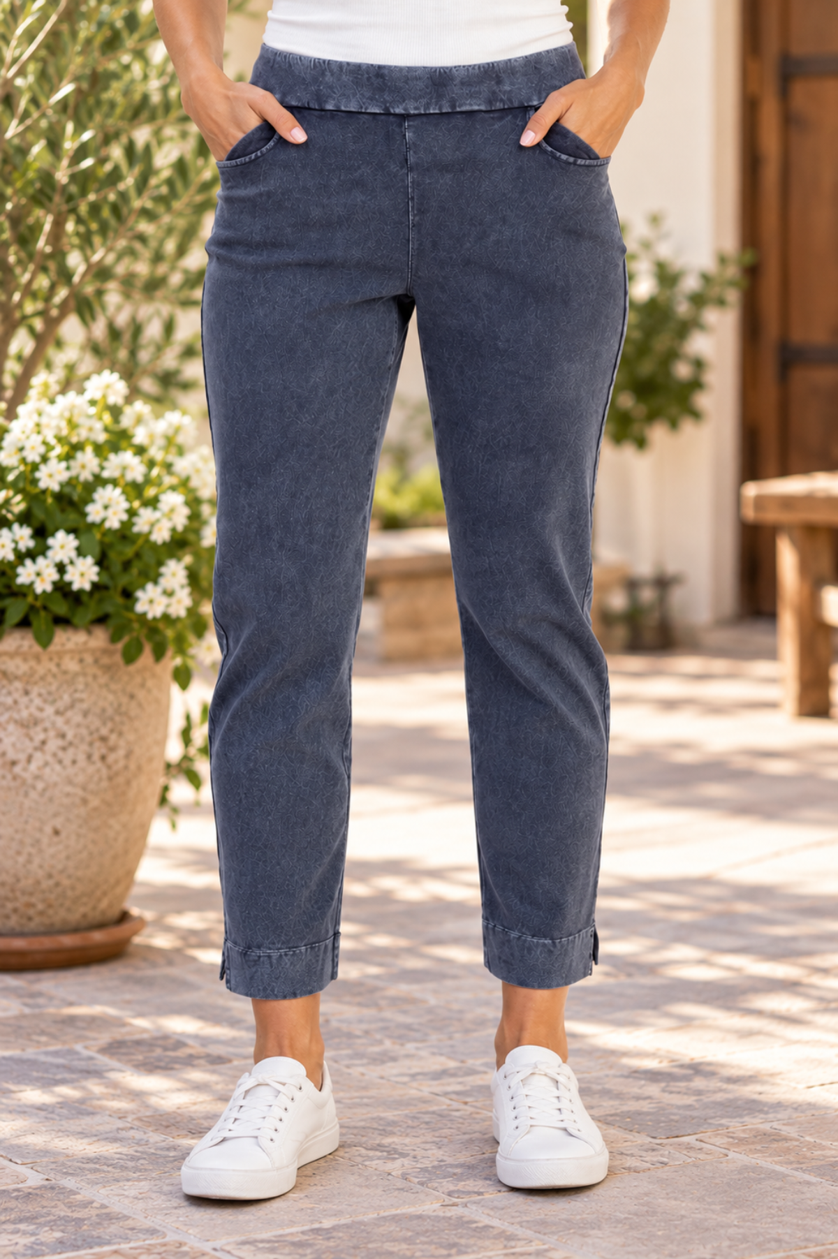Jess & Jane Mineral Washed Slim Pant w/Scoop Pockets & Split Ankle Hem-Denim