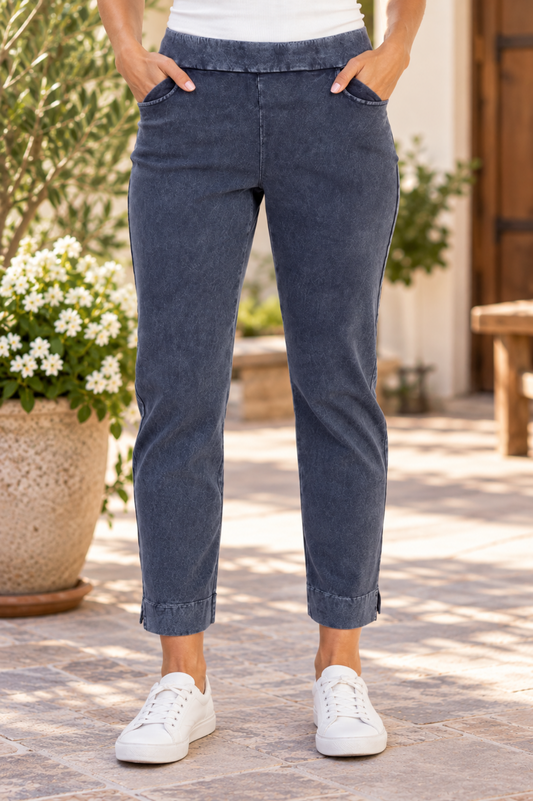 Jess & Jane Mineral Washed Slim Pant w/Scoop Pockets & Split Ankle Hem-Denim