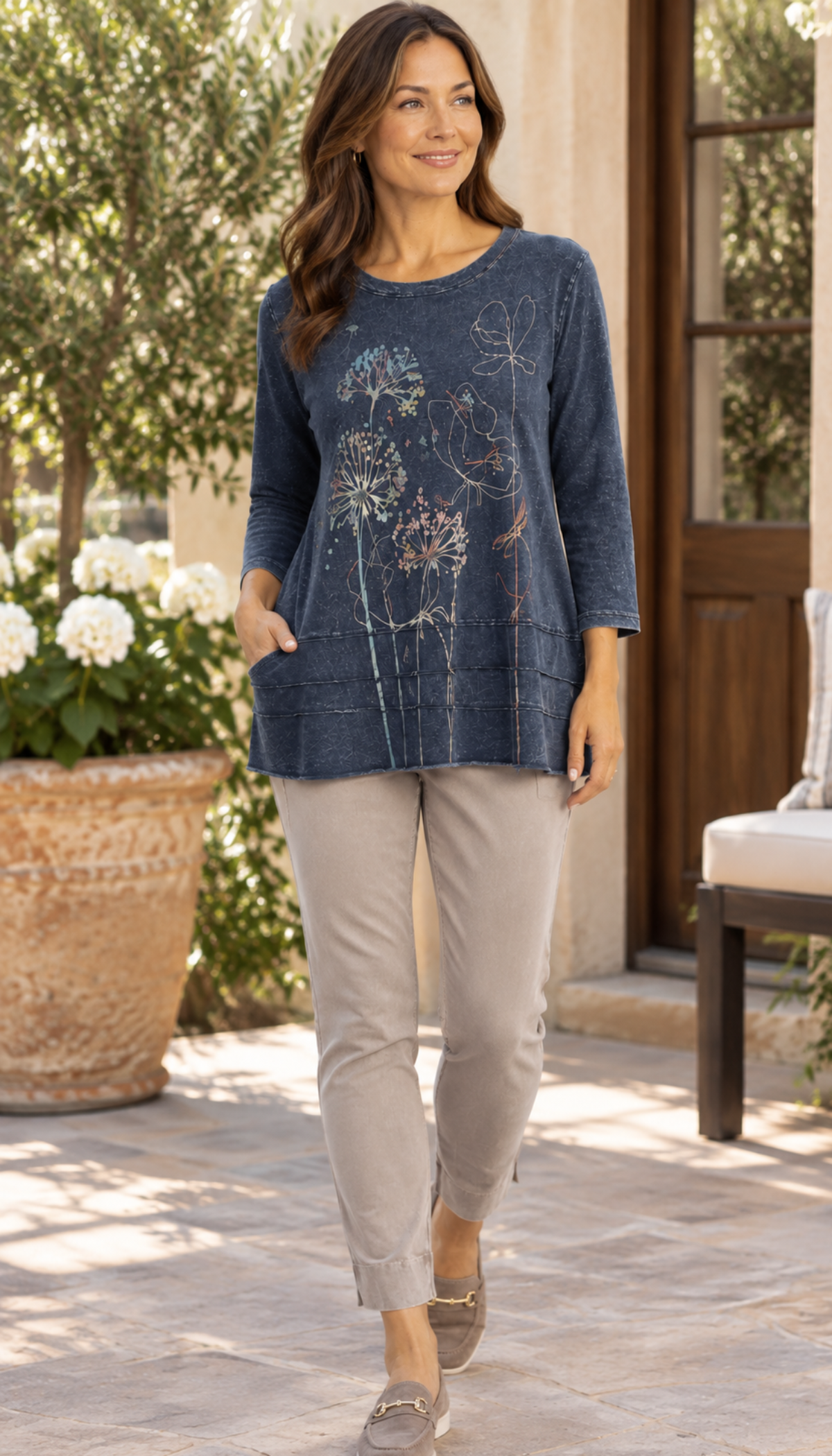 Jess & Jane Mineral Washed Slim Pant w/Scoop Pockets & Split Ankle Hem-Slate full length
