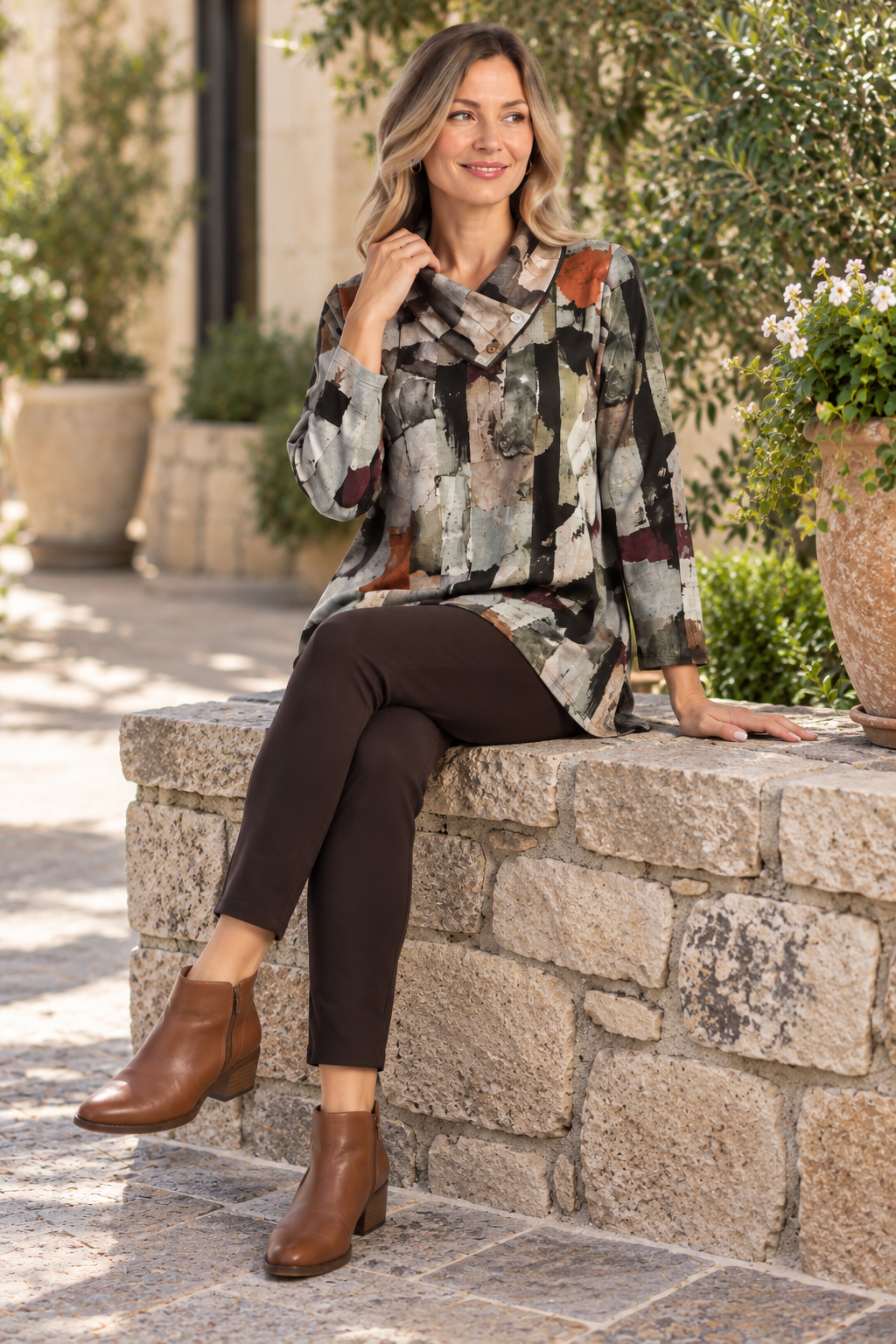Jess & Jane Novelty Brushed Gathered Neck Top w/buttons-Natura