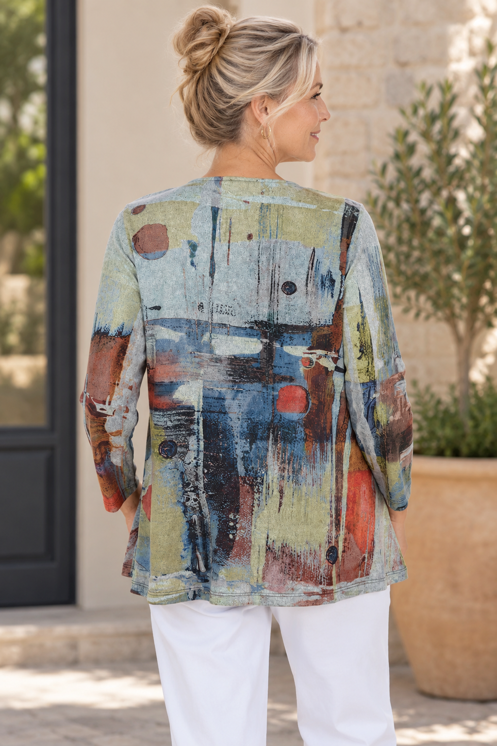 Jess & Jane Prisma Cozy Asymmetrical Hem Pocket Top back view of top
