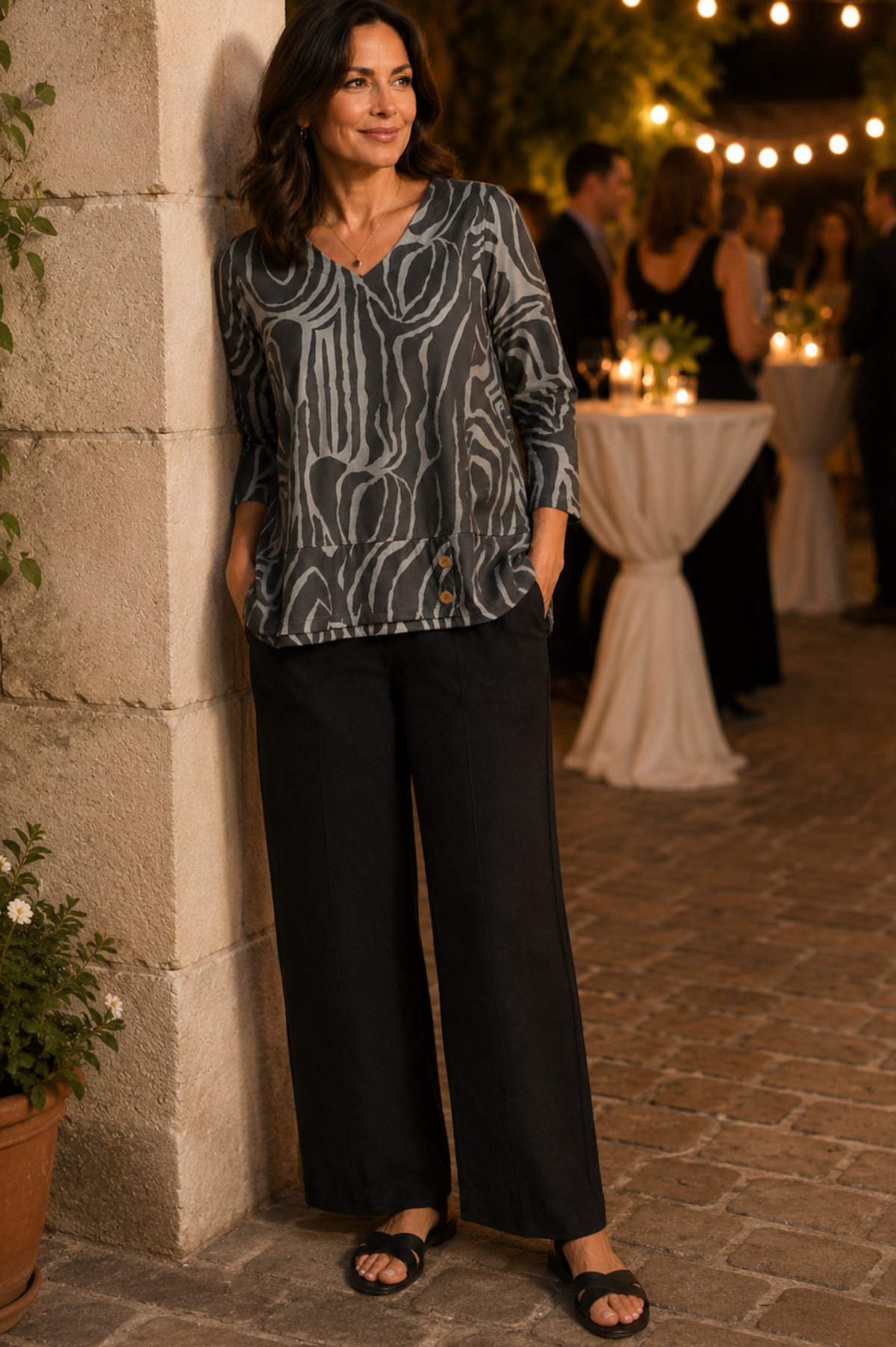 Jess & Jane V-Neck Top w/Layer Hem & Button Accent-Nouveau by jess and jane clothing