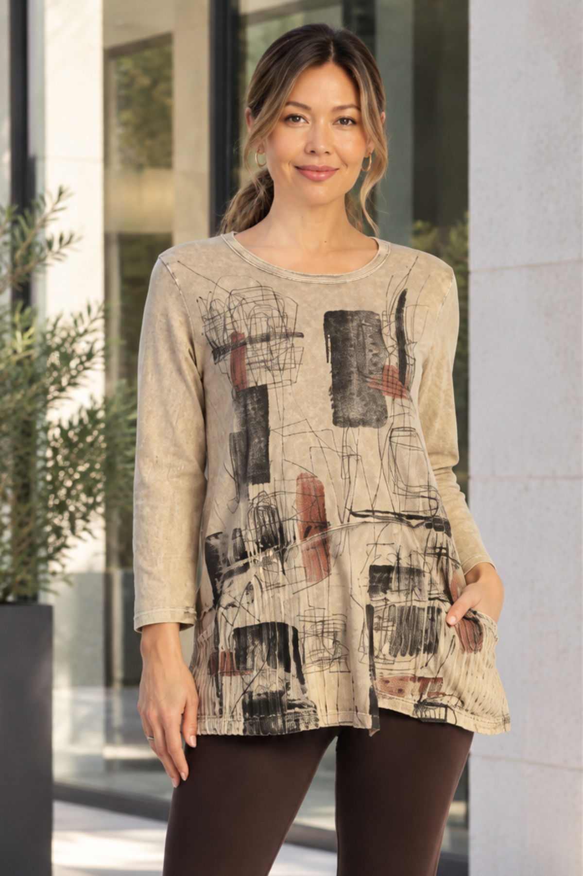 Mineral Washed Cotton Tunic Wavy Patch Pockets-Scribbles 