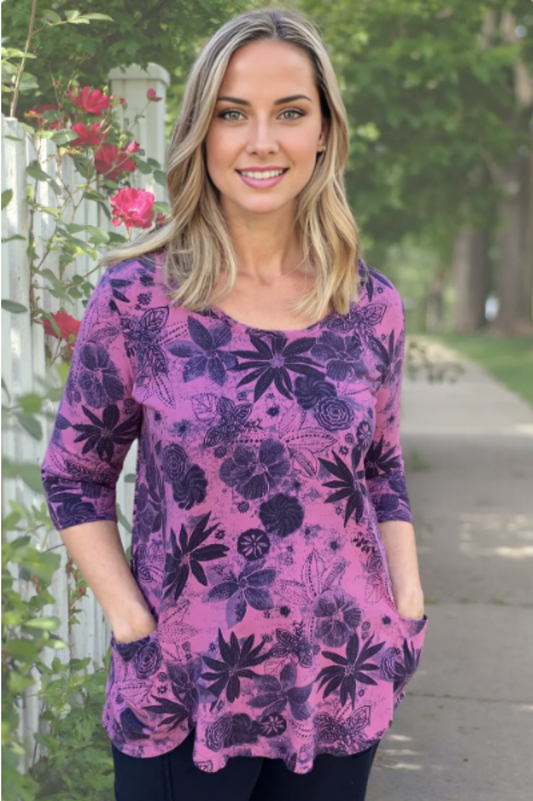 Prairie Cotton Relaxed Scalloped Tunic-Indigo Floral