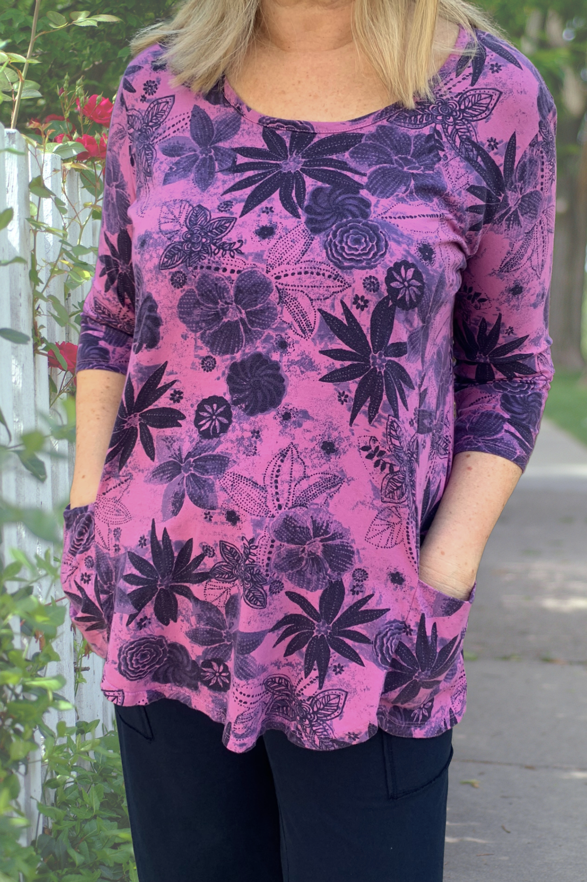 Prairie Cotton Relaxed Scalloped Tunic-Indigo Floral