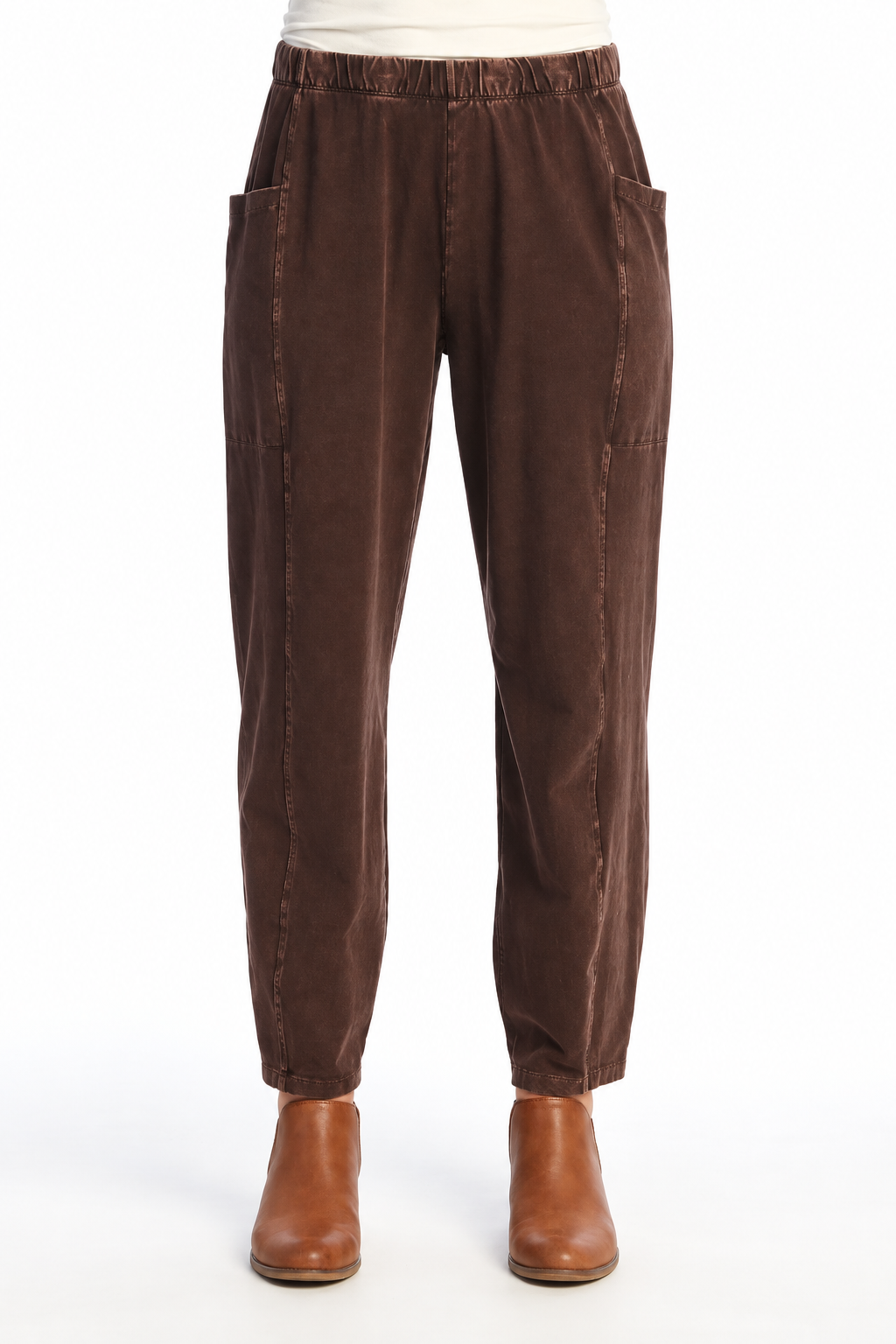 Jess & Jane Mineral Washed Cotton Spandes Lantern Pants w/Side Seam-Expresso