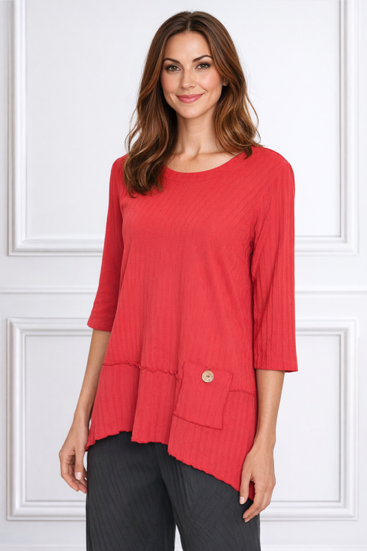 Focus Fashions Ribbed Cotton Pocket Tunic-True Red