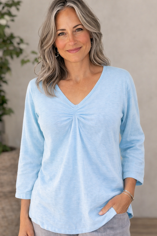 Cut Loose Linen Cotton Jersey 3/4 Sleeve Tuck Front Tee-Fountain - thread to cloth