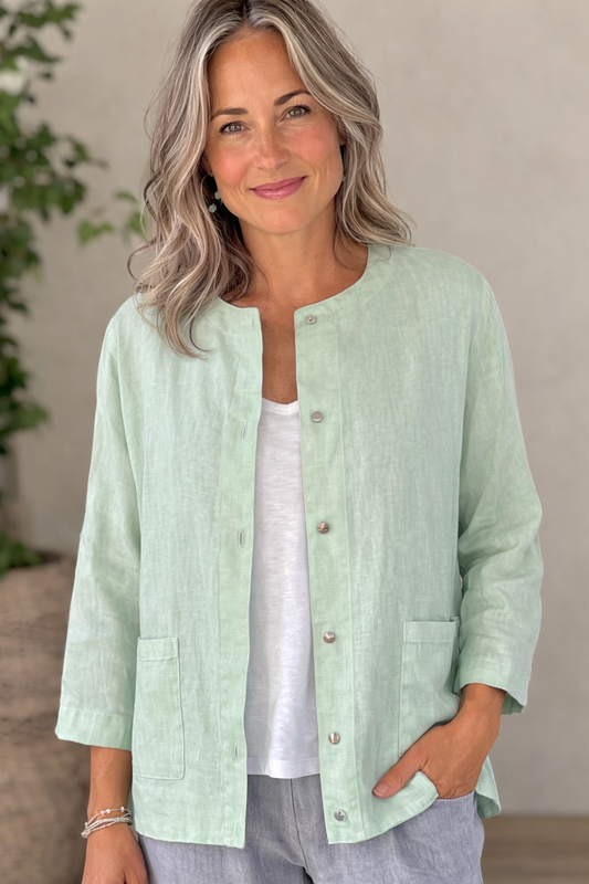 Cut Loose Solid Linen Cropped Jacket-Mint - thread to cloth