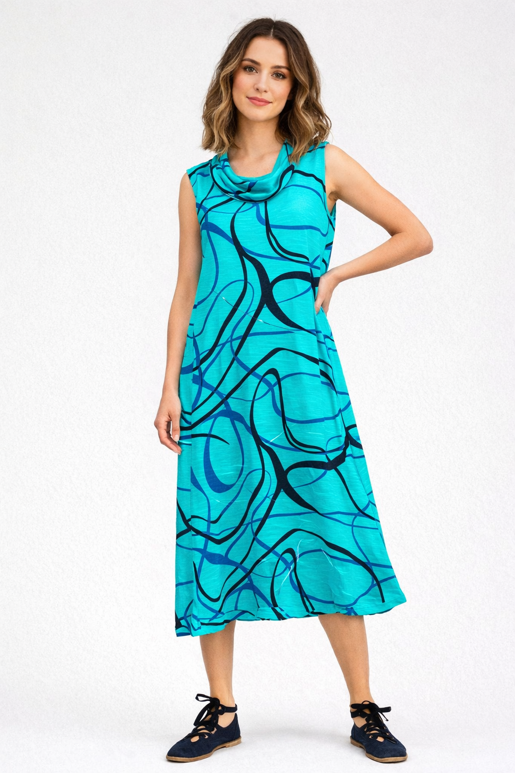 Cut Loose Rayon Parachute Black/Blue Swirl Cowl Neck Maxi Dress Summer 2026- Special Order