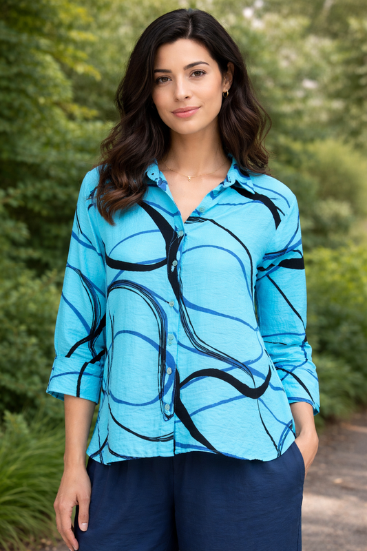 Cut Loose Rayon Parachute Black/Blue Swirl Crop Easy Shirt Summer 2026- Special Order