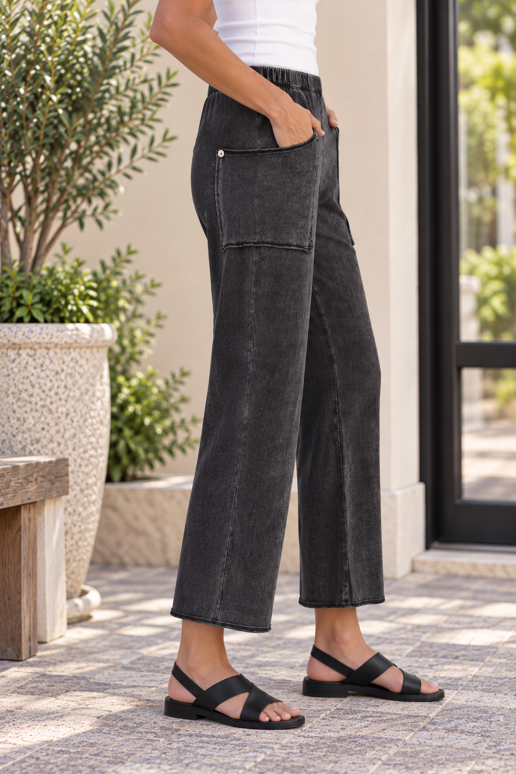 Jess & Jane Mineral Washed Cotton Spandex Terry Pants-Black
