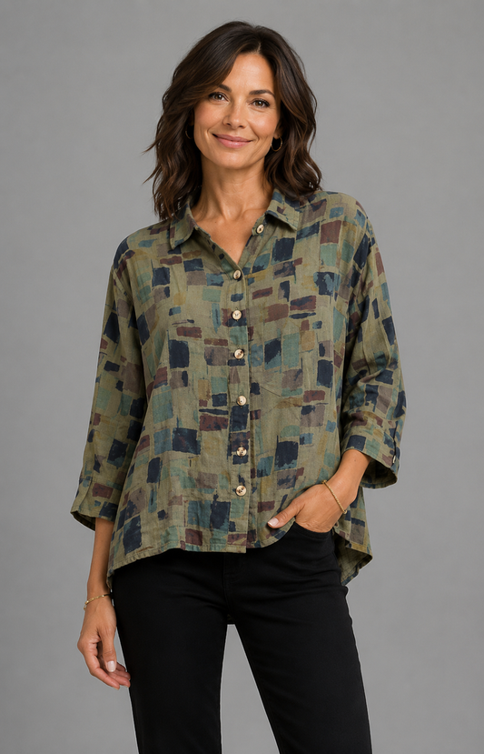 Cut Loose Sea Glass Rayon Crop Easy Shirt Top Fall 2026- Special Order
