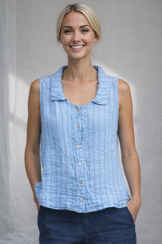 Cut Loose Blue Linen Stripe Sleeveless Shirt Summer 2026- Special Order