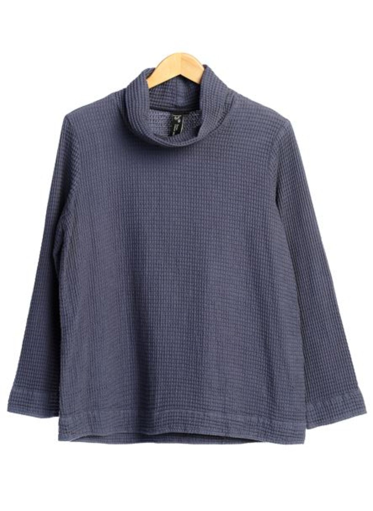 Focus High Cowl Neck Waffle Weave Tunic-Indigo