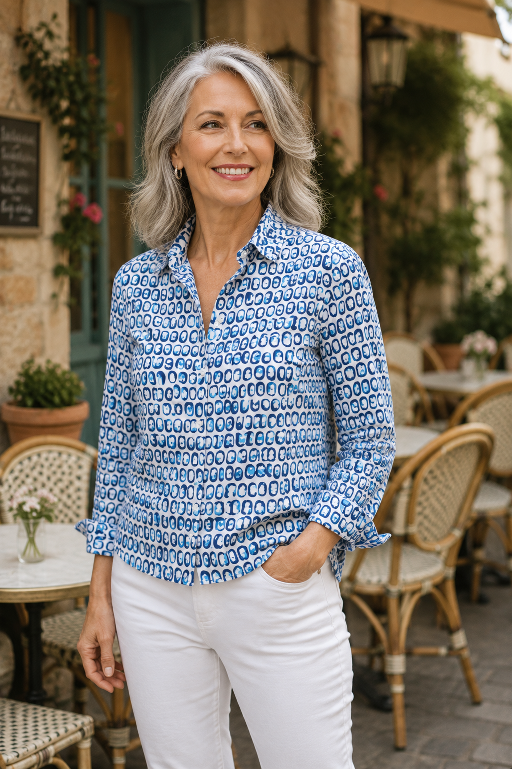 habiat blouse in blue dots for spring