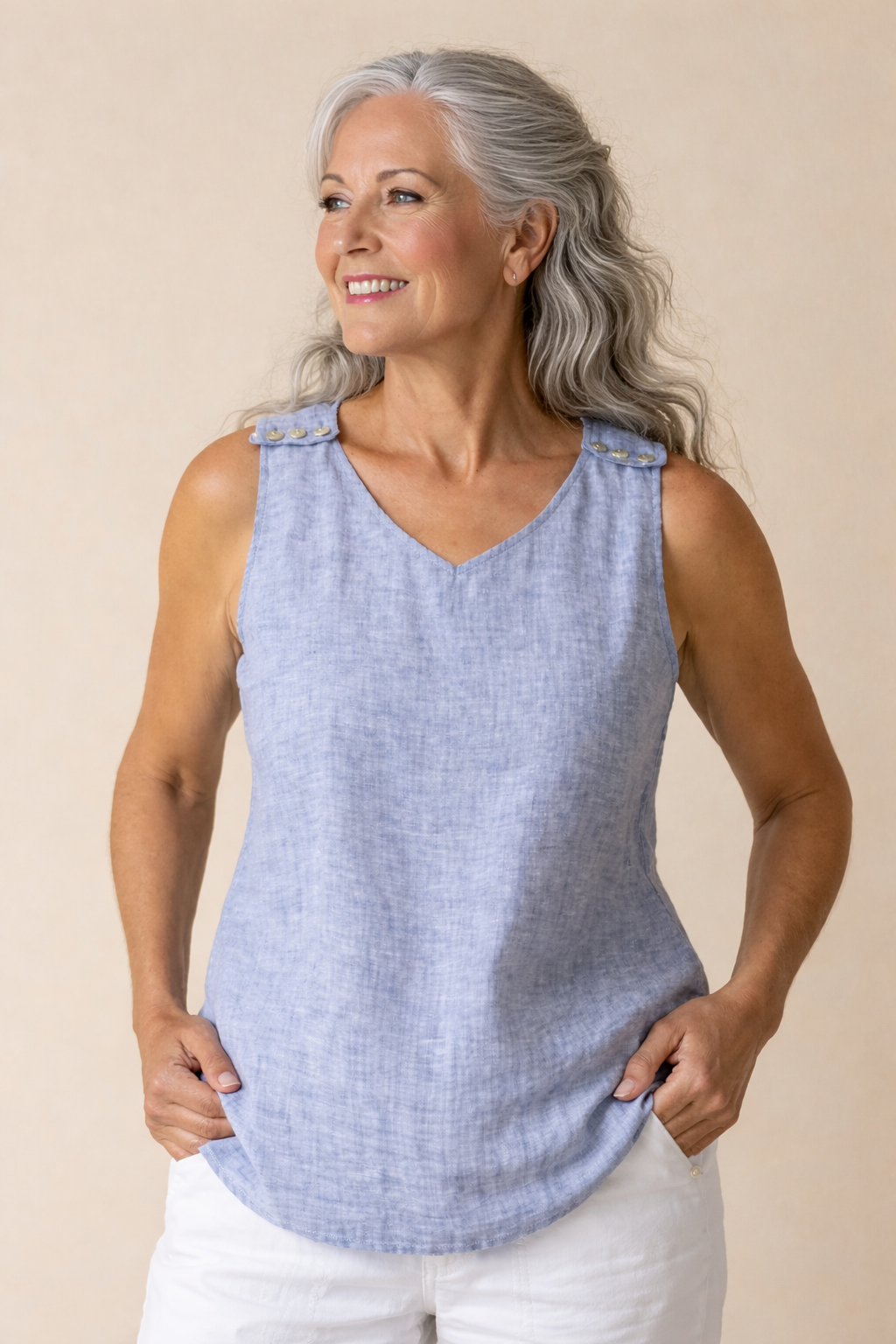 habitat linen tank with button in blue linen