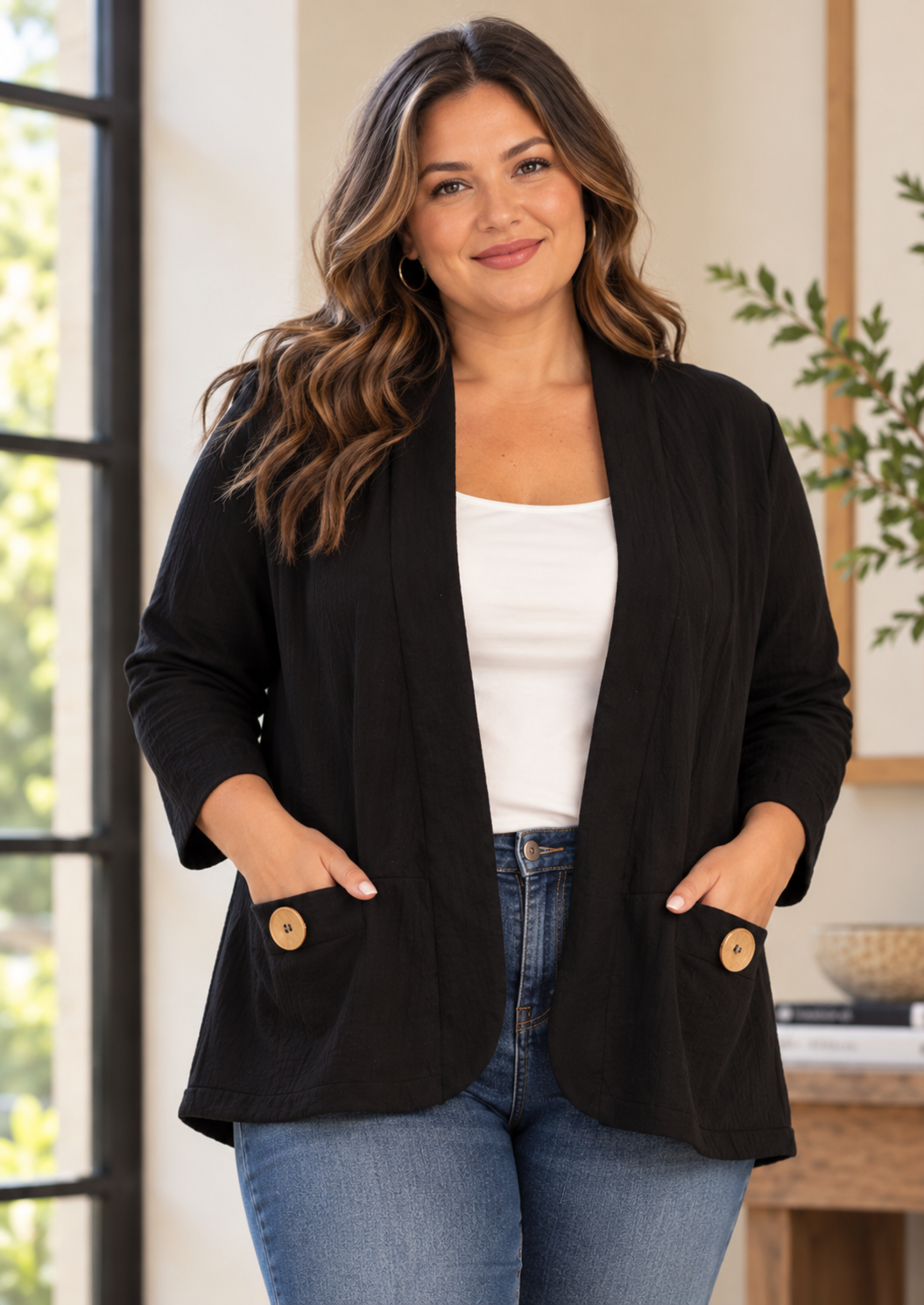 Jess & Jane Mineral Washed/Garment Dyed Cotton Fleece Jacket-Jet Black plus size