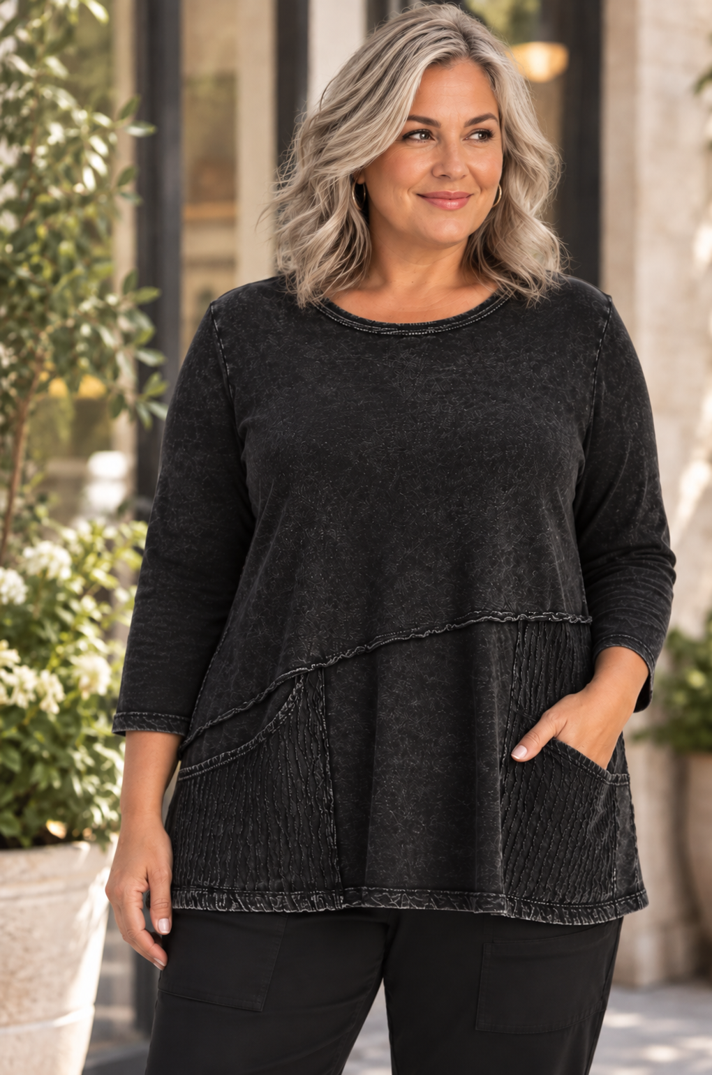 Jess &amp; Jane Mineral Washed Cotton Tunic Wavy Patch Pockets-Black plu size