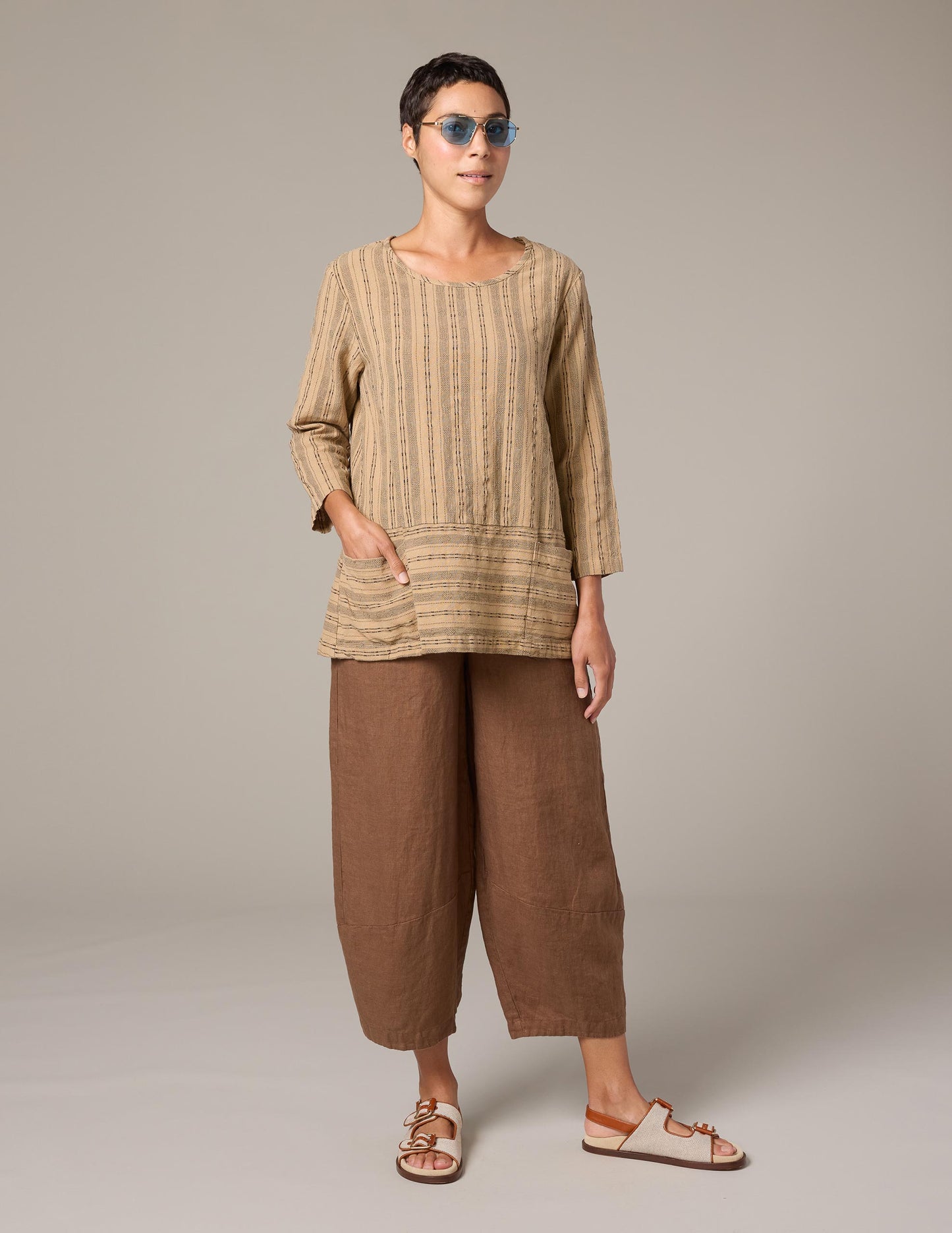 Cut Loose Pinstripe Linen Pocket Border Top  and linen pant