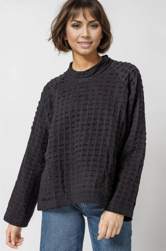 Komil Clothing High Neck Waffle Weave Top-Black - thread to cloth