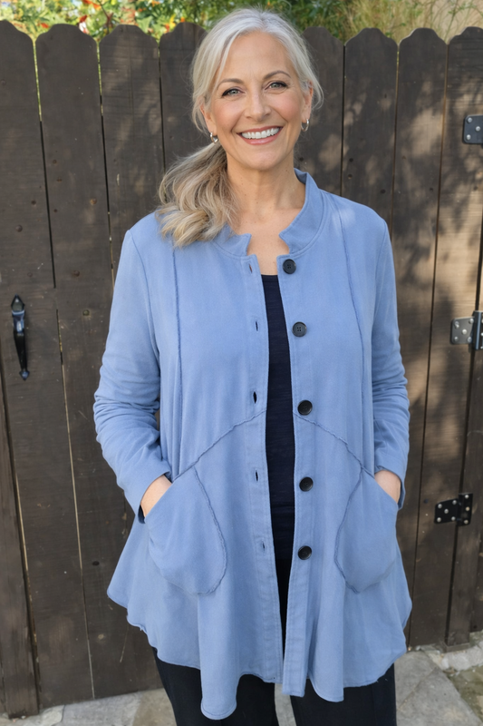 womens French Terry Jacket-Dusty Blue